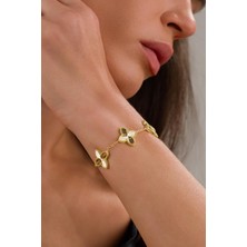 Gümüş Altın Gold Kaplama Üçlü Yonca Çiçek Kalemli Lazer Işlemeli Taşsız Bileklik