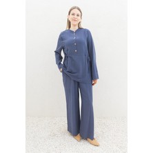 Indigo-Bağlama Detaylı Pantolonlu Takım