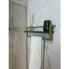 Defne Banyo Ahşap Raflı Gold Metal Havlu, Şal Askılık