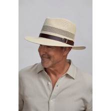 Erkek Fileli Nefes Alan Suni Deri Şeritli Hasır Panama Şapka-Bej