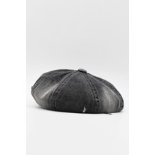 Kadın Kot Ressam Beresi Fransız Yırtıklı Denim Şapka - Siyah