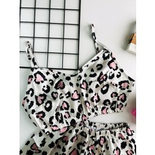 Kadın Leopar Baskılı Ince Askılı Şortlu Saten Pijama Takımı Grileopar