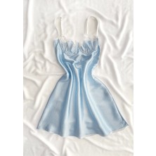 Mavi Pötikareli Göğüs Dantel Detaylı Saten Gecelik