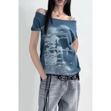 Kara Kedi İndigo Vintage Lost Omuz Dekolteli Kısa Kol Off-Shoulder T-Shirt