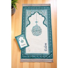 Nakış Işlemeli Isimli Kadife Ipek Dokulu Mihrap Desenli Keseli Inci Tesbihli Seccade Yeşil