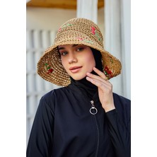 Kiraz Detaylı El Örgü Hasır Şapka Plaj Şapkası RŞ-2098 Camel