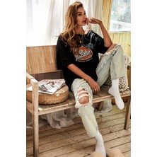 Millionaire Antrasit Oversize Aloha Baskılı Kadın T-Shirt