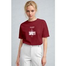 Kadın Bordo Paris Regular Fit Normal Kalıp T-Shirt
