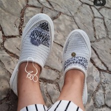 Beyaz Örgülü Siyah Nakışlı El Dokuması Kadın Espadril
