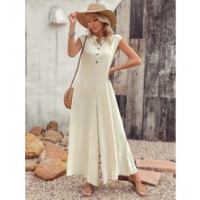 Tex Nova Kadın Kısa Kollu Önden Düğmeli Paçaya Doğru Geniş Cepli Uzun Bürümcük Tulum