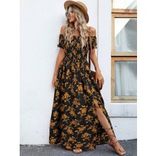 Tex Nova Kadın Kısa Kollu Madonna Yaka Yırtmaçlı Çiçek Desenli Süprem Elbise