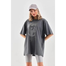 Tex Nova Unisex Taş Desenli Oversize T-Shirt - Füme