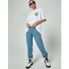 Tex Nova Bisiklet Yaka Baskılı Oversize T-Shirt - Beyaz
