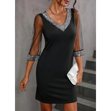 Tex Nova Kadın Truvakar Kollu V Yaka Kollar Tüllü Yaka ve Bilekler Payet Detay Krep Elbise