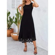 Tex Nova Kadın Kolsuz Etek Ucu Lazer Kesim Çiçek Desenli Midi Boy Janjan Krep Elbise