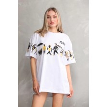 Tex Nova Unisex Bisiklet Yaka Baskılı Oversize T-Shirt - Beyaz