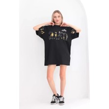 Tex Nova Unisex Bisiklet Yaka Baskılı Oversize T-Shirt - Siyah