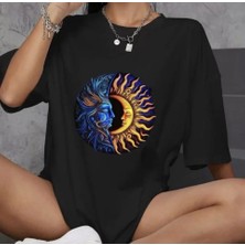 Tex Nova Unisex Bisiklet Yaka Baskılı Oversize T-Shirt - Siyah