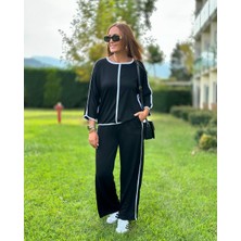 Tex Nova Kadın Bisiklet Yaka Truvakar Kol Biye Detay Bluz ve Yüksek Bel Lastikli Pantolon Ikili Takım