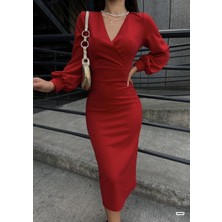 Tex Nova Kadın Kruvaze Yaka Balon Kol Simli Krep Kumaş Midi Boy Elbise