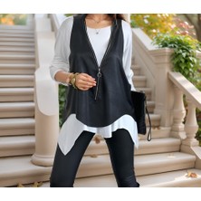 Tex Nova Kadın Uzun Kol Asimetrik Kesim Viskon Bluz ve Çatlak Deri Görünümlü Fermuar Detaylı Yelek Ikili Takım