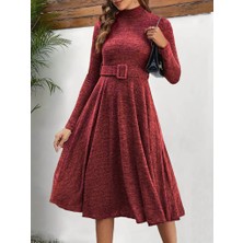 Tex Nova Kadın Uzun Kollu Balıkçı Yaka Kemer Detaylı Yumoş Midi Elbise