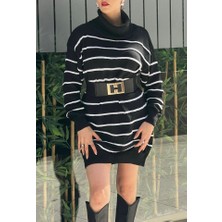 Tex Nova Kadın Uzun Kollu Degaje Yaka Çizgili Sonya Iplik Mini Boy Triko Elbise (Kemersiz)