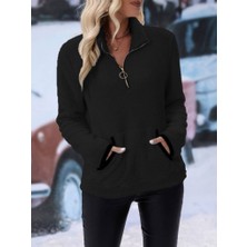Tex Nova Kadın Uzun Kollu Önden Fermuarlı Cepli Peluş Sweat