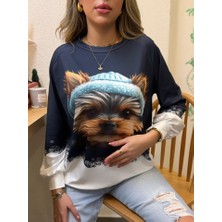 Tex Nova Kadın Uzun Kollu Bisiklet Yaka Köpek Baskılı Şardonlu Dalgıç Bluz