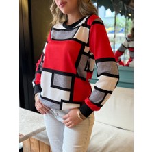 Tex Nova Kadın Uzun Kollu Bisiklet Yaka Renkli Blok Baskı Dalgıç Bluz