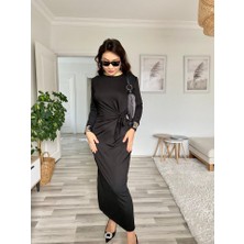 Tex Nova Kadın Uzun Kollu Bisiklet Yaka Belden Çapraz Bağlamalı Yandan Yırtmaçlı Uzun Viskon Iki Iplik Elbise