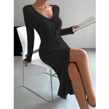 Tex Nova Kadın Uzun Kollu V Yakalı Önden Düğmeli Şardonlu Kaşkorse Elbise