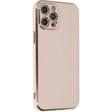 Newface Apple iPhone 12 Pro Max Kılıf Aurex Kapak – Gold Detaylı Parlak Yüzey Premium Tasarım - Pembe