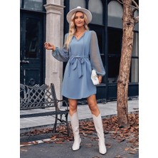 Tex Nova Kadın Uzun Kollu Yakadan Bağcıklı Belden Kuşaklı Ithal Krep Elbise