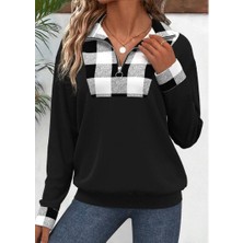 Tex Nova Kadın Uzun Kollu Yakalı Önden Fermuarlı Ekose Detaylı Viskon Iki Iplik Bluz