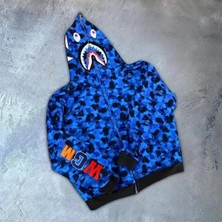 Tex Nova Erkek 2 Iplik Bape Kapüşonu Fermuarlı Hırka - Mavi