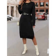 Tex Nova Kadın Uzun Kollu Bisiklet Yaka Yandan Yırtmaçlı Midi Triko Elbise(Kemersiz)