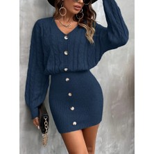 Tex Nova Kadın Uzun Kollu V Yakalı Önden Düğmeli Kısa Triko Elbise