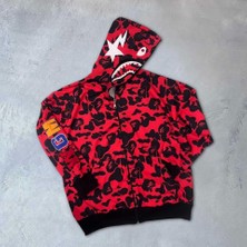 Tex Nova Unisex 2 Iplik Bape Kapüşonu Fermuarlı Hırka - Kırmızı