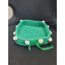 Ponponlu Fiyonklu El Yapım Örme Kare Sepet 18X18X5CM 1 Adet