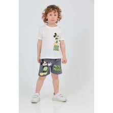 Erkek Çocuk Mickey Mouse Baskılı Beyaz Pamuklu Alt Üst Takım Yarım Kollu 2'li Şort T-Shirt Takım 3-8 Yaş