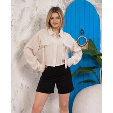 Kemer Cepli Keten Crop Gömlek Krem S255350