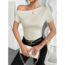 Tex Nova Kadın Kısa Kollu Tek Omuzu Açık Büzgülü Viskon Bluz