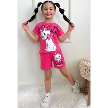 Pjkskt Marie Tatlı Kedicik Desenli Fuşya Şortlu Kız Çocuk Kısa Kol Takım 7623-F