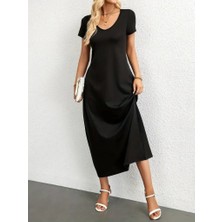 Tex Nova Kadın Kısa Kollu Yakası Yuvarlak Cepli Viskon Elbise