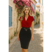 Tex Nova Kadın Kısa Kollu Kruvaze Yaka Krep Elbise (Kemersiz)
