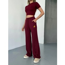 Tex Nova Osy Modal Yumuşak Dokulu Kumaş Nakış Işlemeli Rahat Bol Paça Eşofman Pantalon - Bordo