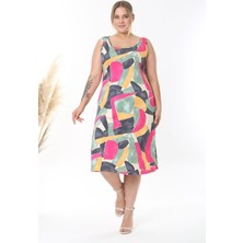 Kadın Pembe Gri Geometrik Desen Askılı Büyük Beden Elbise