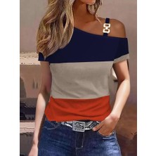 Tex Nova Kadın Kısa Kollu Tek Omuzu Açık Toka Detaylı Çok Renkli Viskon Bluz