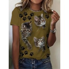 Tex Nova Kadın Kısa Kollu Kedi ve Pati Baskılı Süprem T-Shirt